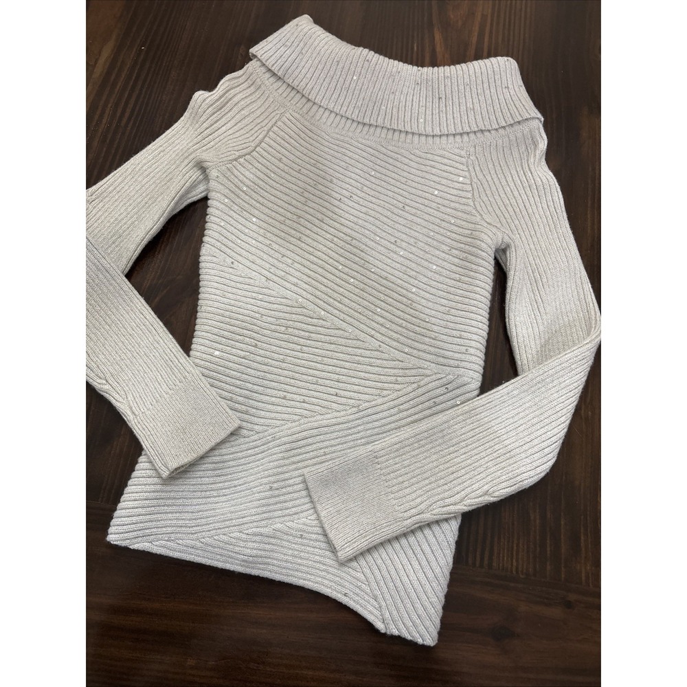 White House Black Market Cream Ivory Sequins Sparkly CowlNeck Rib Knit Sweater S